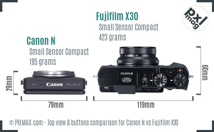 Canon N vs Fujifilm X30 top view buttons comparison