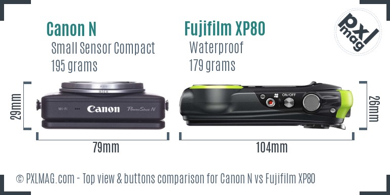 Canon N vs Fujifilm XP80 top view buttons comparison