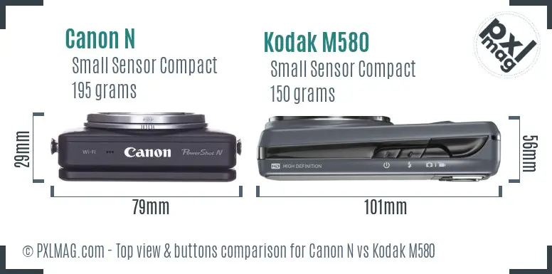 Canon N vs Kodak M580 top view buttons comparison