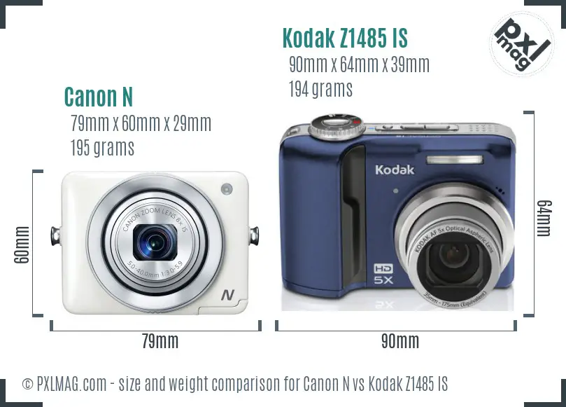 Canon N vs Kodak Z1485 IS size comparison