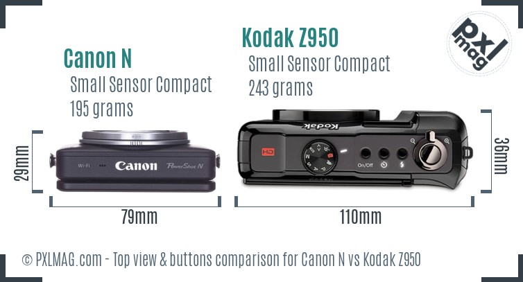 Canon N vs Kodak Z950 top view buttons comparison