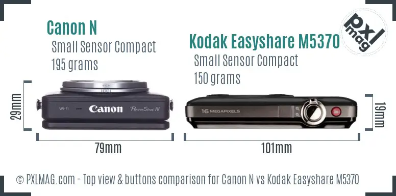 Canon N vs Kodak Easyshare M5370 top view buttons comparison