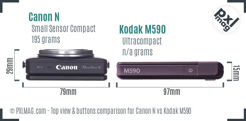 Canon N vs Kodak M590 top view buttons comparison