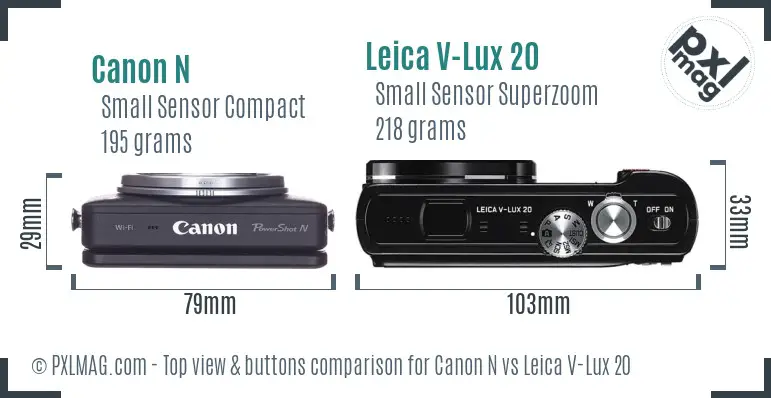 Canon N vs Leica V-Lux 20 top view buttons comparison Canon N vs Leica V-Lux 20 top view buttons comparison