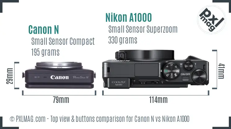 Canon N vs Nikon A1000 top view buttons comparison