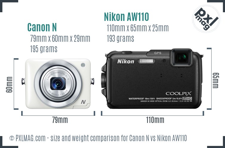 Canon N vs Nikon AW110 size comparison Canon N vs Nikon AW110 size comparison