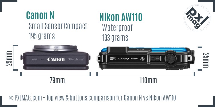 Canon N vs Nikon AW110 top view buttons comparison