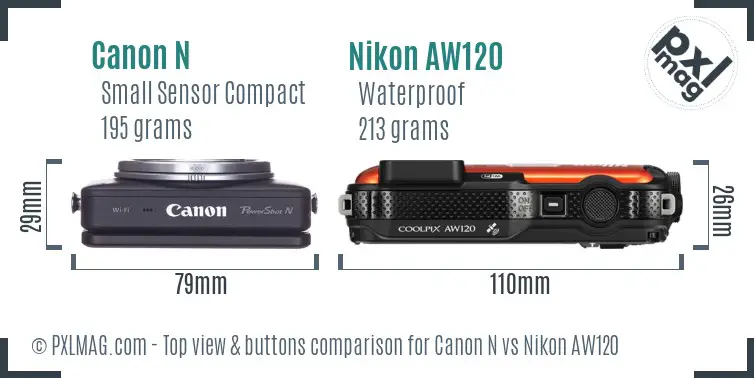 Canon N vs Nikon AW120 top view buttons comparison