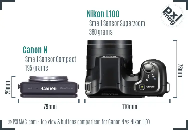 Canon N vs Nikon L100 top view buttons comparison