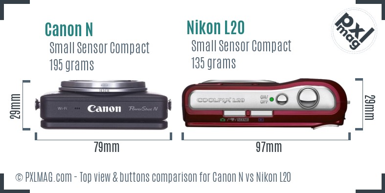 Canon N vs Nikon L20 top view buttons comparison