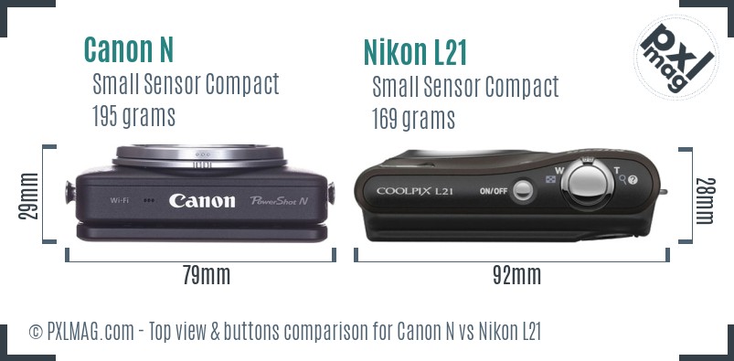 Canon N vs Nikon L21 top view buttons comparison