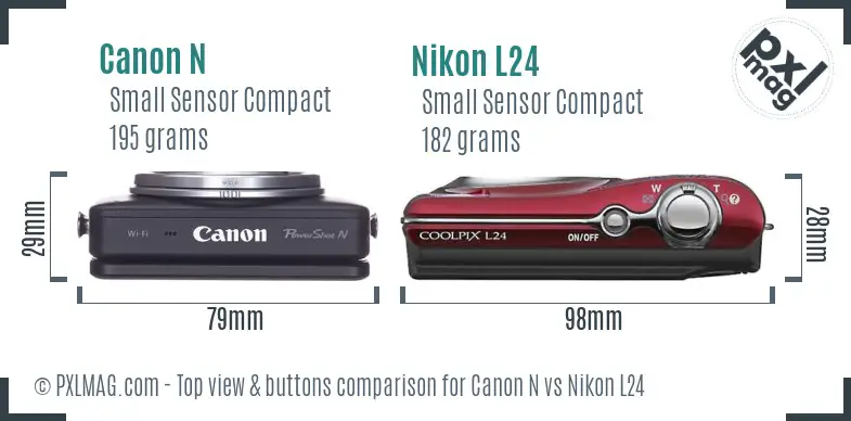 Canon N vs Nikon L24 top view buttons comparison