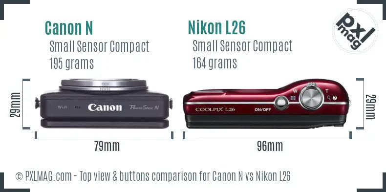 Canon N vs Nikon L26 top view buttons comparison