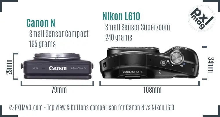 Canon N vs Nikon L610 top view buttons comparison Canon N vs Nikon L610 top view buttons comparison