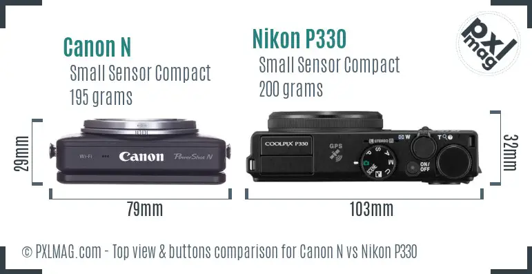 Canon N vs Nikon P330 top view buttons comparison