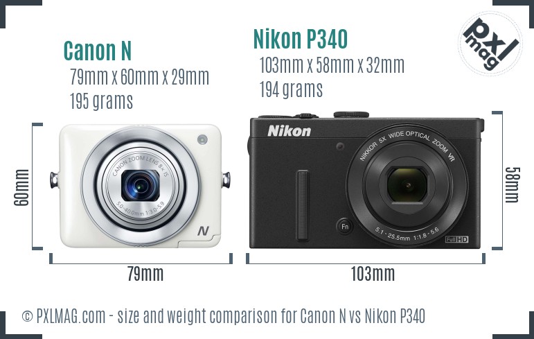 Canon N vs Nikon P340 size comparison Canon N vs Nikon P340 size comparison