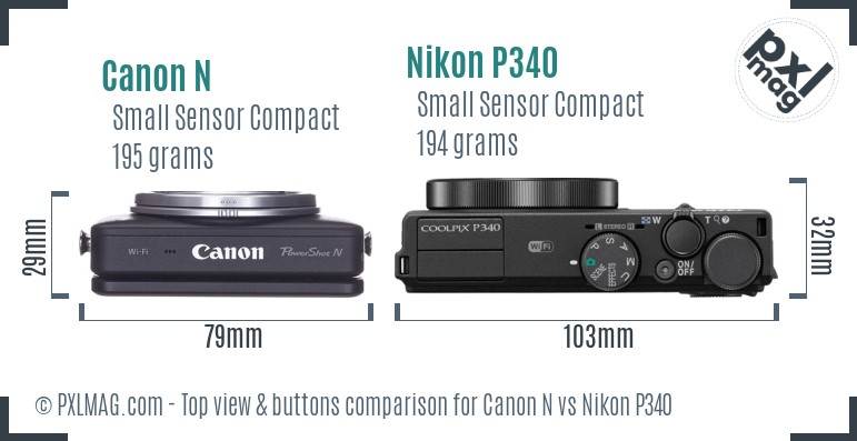 Canon N vs Nikon P340 top view buttons comparison