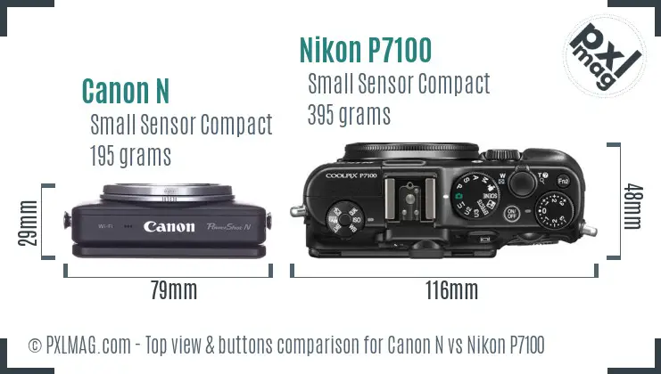 Canon N vs Nikon P7100 top view buttons comparison