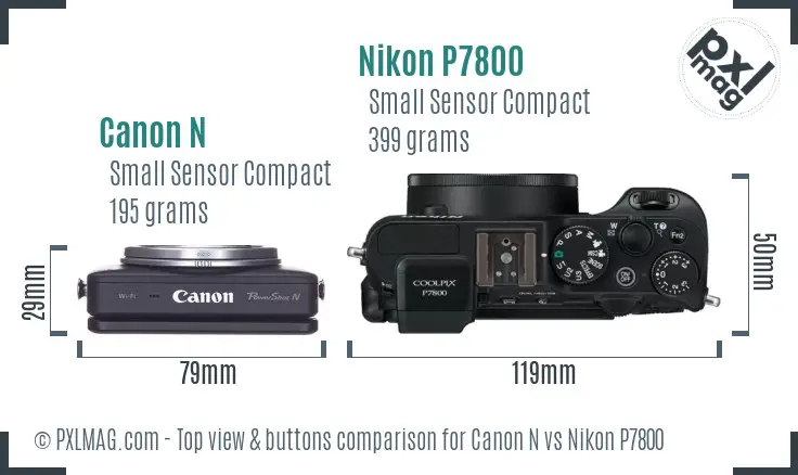 Canon N vs Nikon P7800 top view buttons comparison