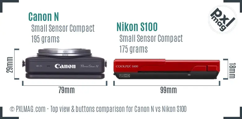 Canon N vs Nikon S100 top view buttons comparison