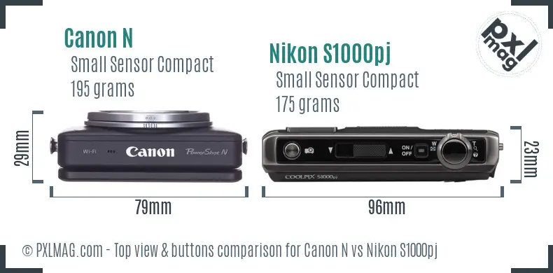 Canon N vs Nikon S1000pj top view buttons comparison
