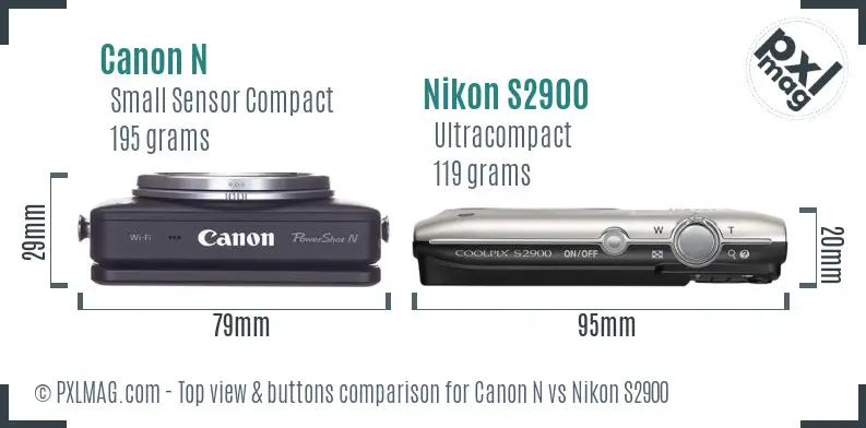 Canon N vs Nikon S2900 top view buttons comparison Canon N vs Nikon S2900 top view buttons comparison
