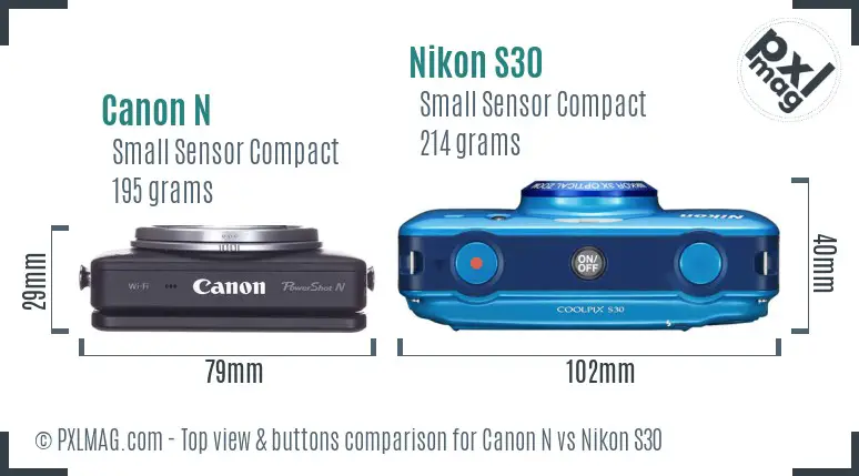 Canon N vs Nikon S30 top view buttons comparison Canon N vs Nikon S30 top view buttons comparison