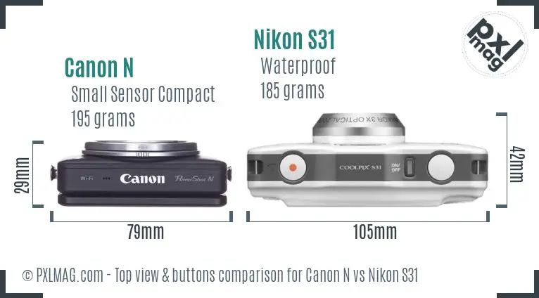 Canon N vs Nikon S31 top view buttons comparison