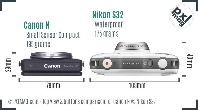 Canon N vs Nikon S32 top view buttons comparison