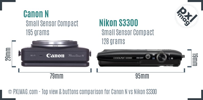 Canon N vs Nikon S3300 top view buttons comparison