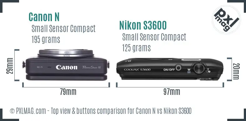 Canon N vs Nikon S3600 top view buttons comparison