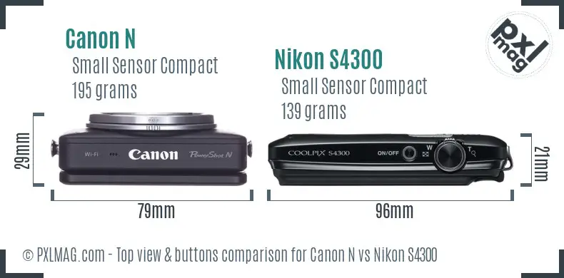 Canon N vs Nikon S4300 top view buttons comparison