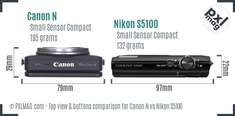 Canon N vs Nikon S5100 top view buttons comparison