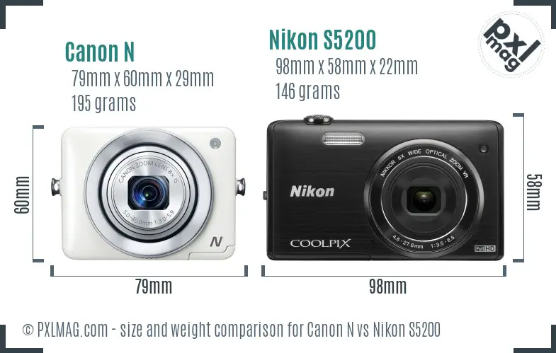 Canon N vs Nikon S5200 size comparison