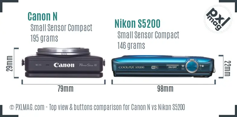 Canon N vs Nikon S5200 top view buttons comparison