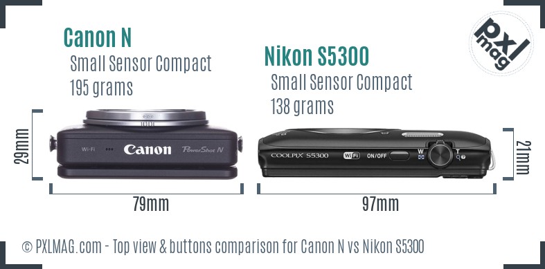 Canon N vs Nikon S5300 top view buttons comparison