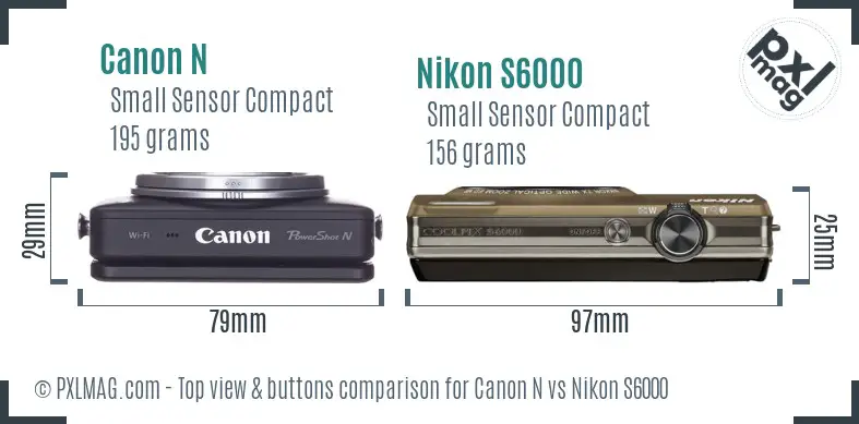 Canon N vs Nikon S6000 top view buttons comparison Canon N vs Nikon S6000 top view buttons comparison