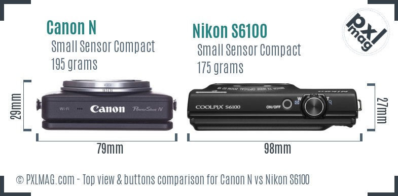 Canon N vs Nikon S6100 top view buttons comparison