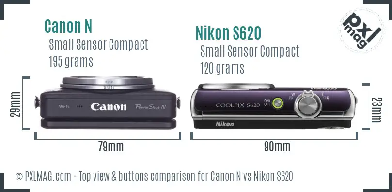 Canon N vs Nikon S620 top view buttons comparison