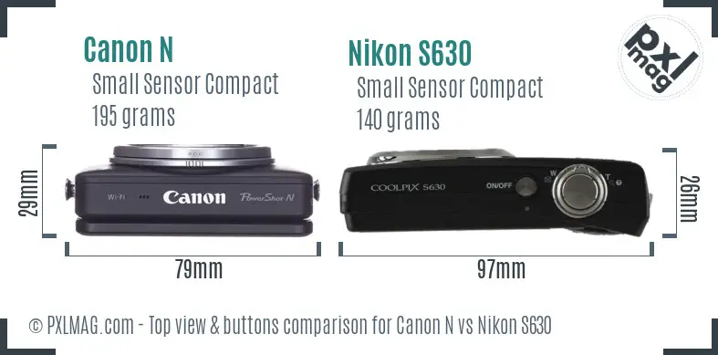 Canon N vs Nikon S630 top view buttons comparison Canon N vs Nikon S630 top view buttons comparison