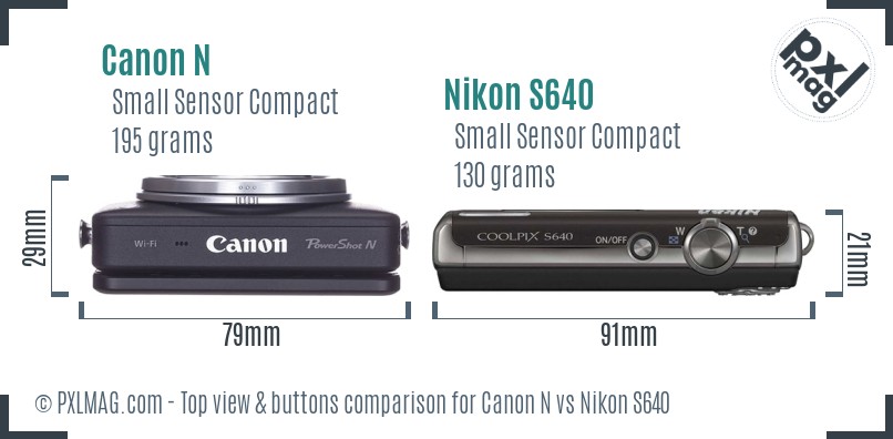 Canon N vs Nikon S640 top view buttons comparison