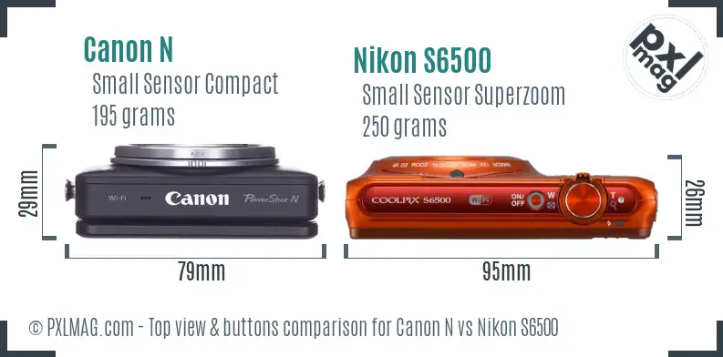 Canon N vs Nikon S6500 top view buttons comparison Canon N vs Nikon S6500 top view buttons comparison