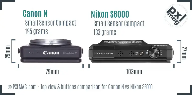 Canon N vs Nikon S8000 top view buttons comparison