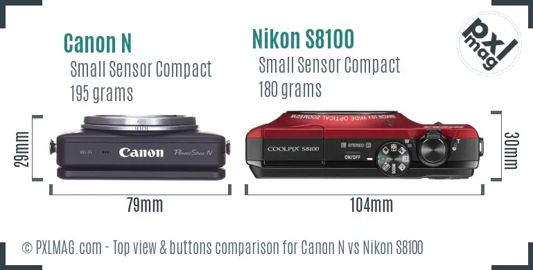 Canon N vs Nikon S8100 top view buttons comparison