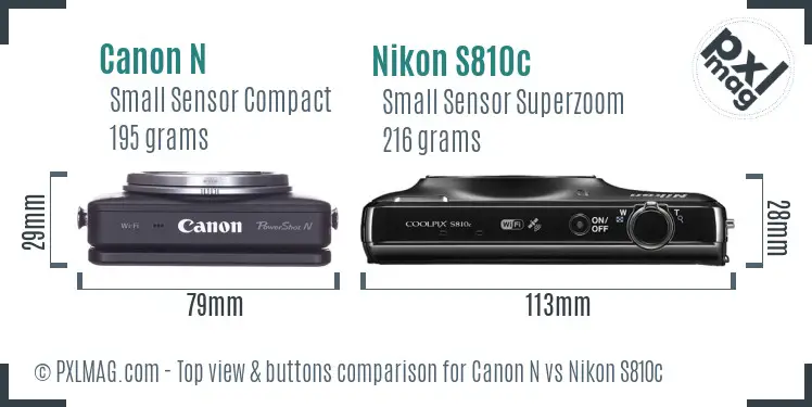 Canon N vs Nikon S810c top view buttons comparison