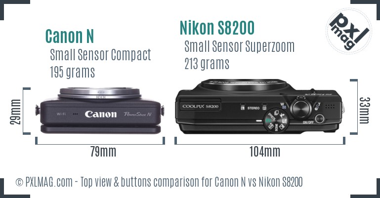 Canon N vs Nikon S8200 top view buttons comparison