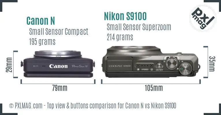 Canon N vs Nikon S9100 top view buttons comparison