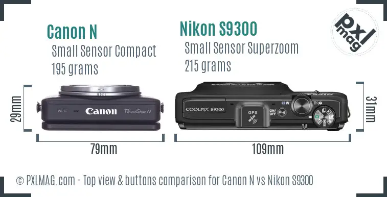 Canon N vs Nikon S9300 top view buttons comparison