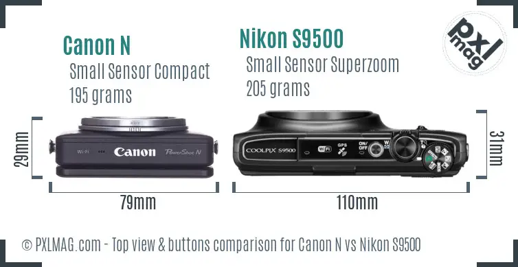 Canon N vs Nikon S9500 top view buttons comparison