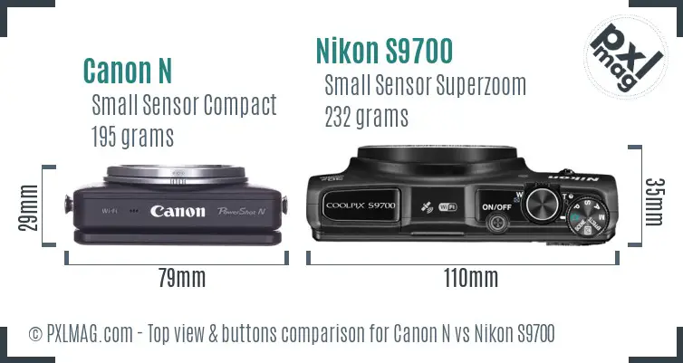 Canon N vs Nikon S9700 top view buttons comparison